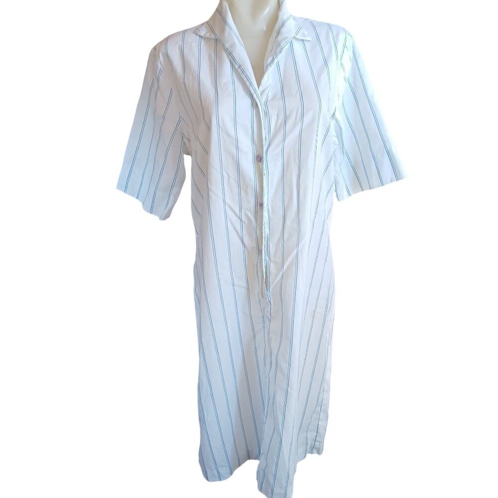 Vintage Womens Large Shift Dress NPC Fashions White & Blue Striped Shirt 1960's